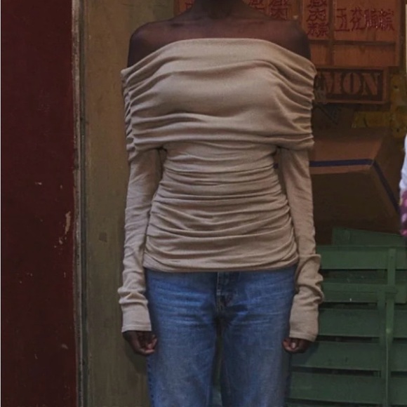 Baobab Collection Off-Shoulder Ruched Sweater - Taupe - Picture 3 of 11